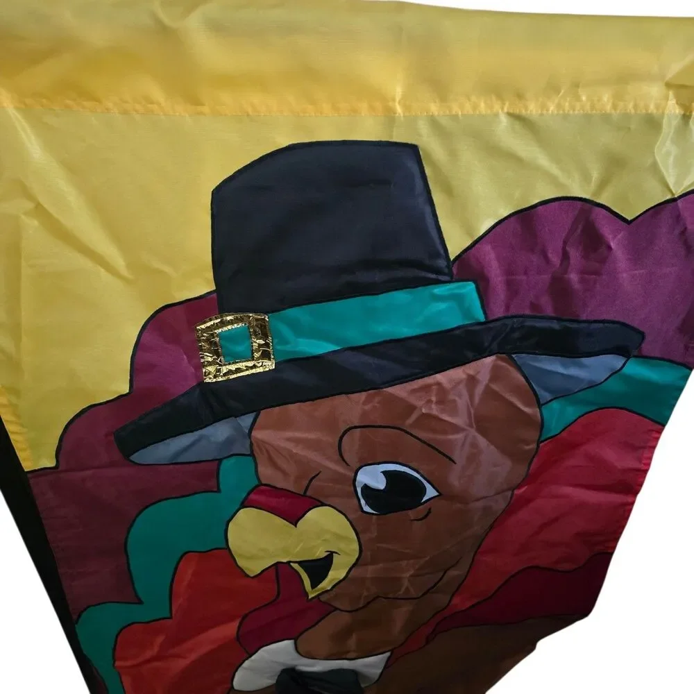 Vtg 1999 Thanksgiving Pilgrim Turkey  Garden Flag 2 Sided 42